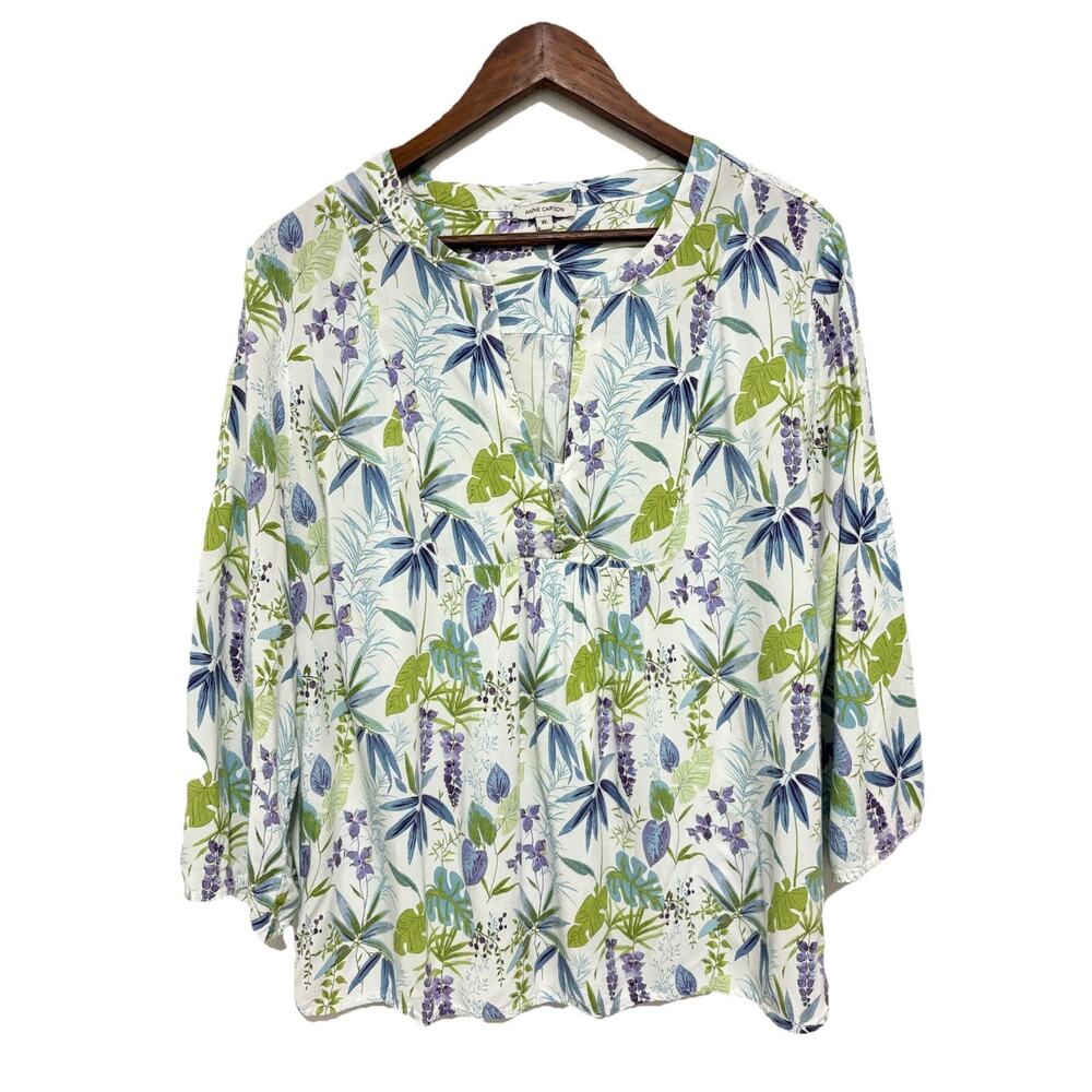 Anne Carson Tropical Botanical Rayon Blouse White Green Purple XL